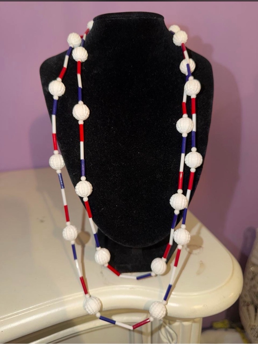 Vintage White Beaded Necklace with Red & Blue Accents